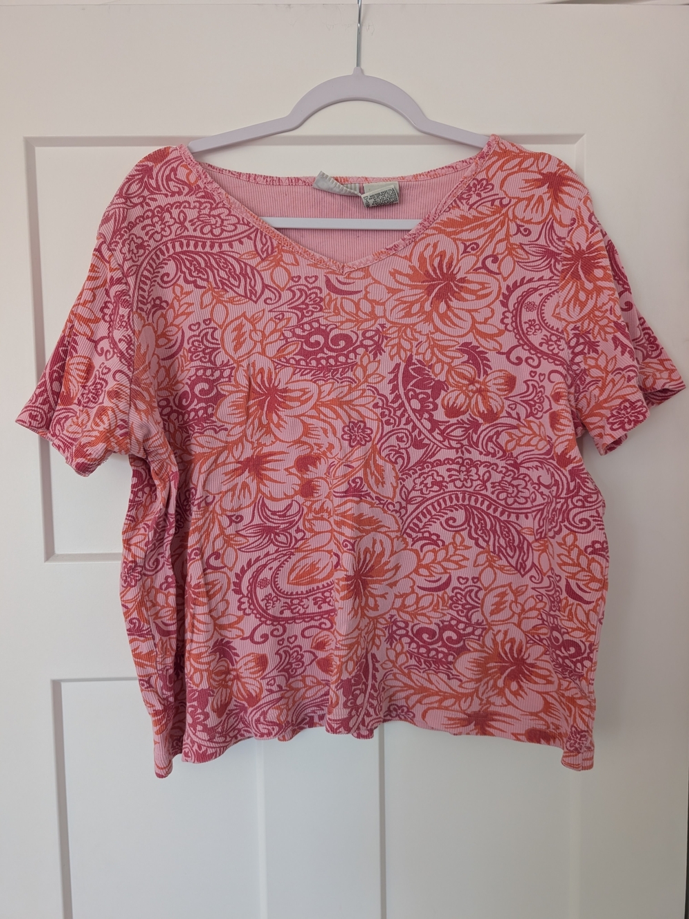 White Stag Pink & Orange Floral Paisley V-Neck Tee